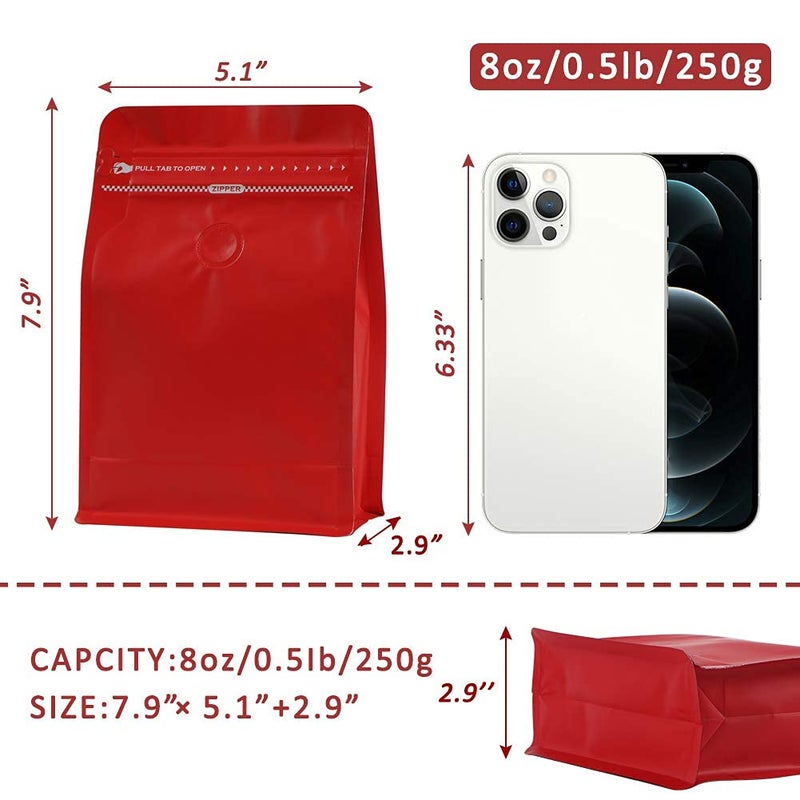 REMTAP Coffee Bags with Valve (50pcs,8oz) Red High Barrier Aluminumed Foil Flat Bottom Standing Coffee Beans Storage Bags,Reusable Heat Sealable Side Zipper Pouches for Home or Store - Image 2